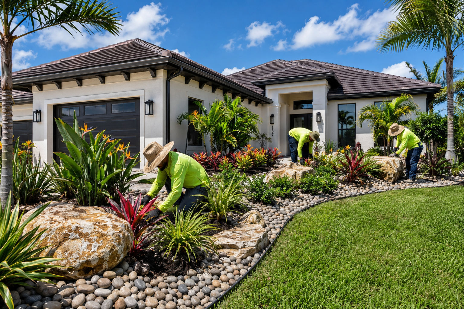 Avery's Landscaping crew planting a rock garden bed on-site