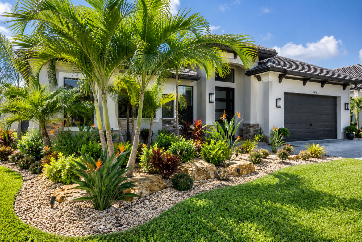 Tropical rock garden with birds of paradise and boulders in full sun