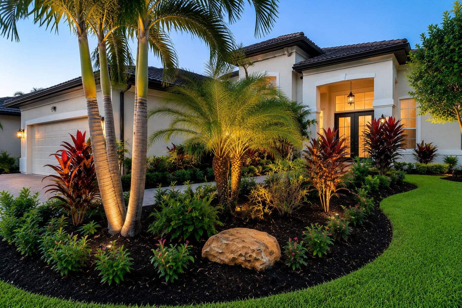 Uplit palm trunks and red cordyline plants in a front entry bed at dusk