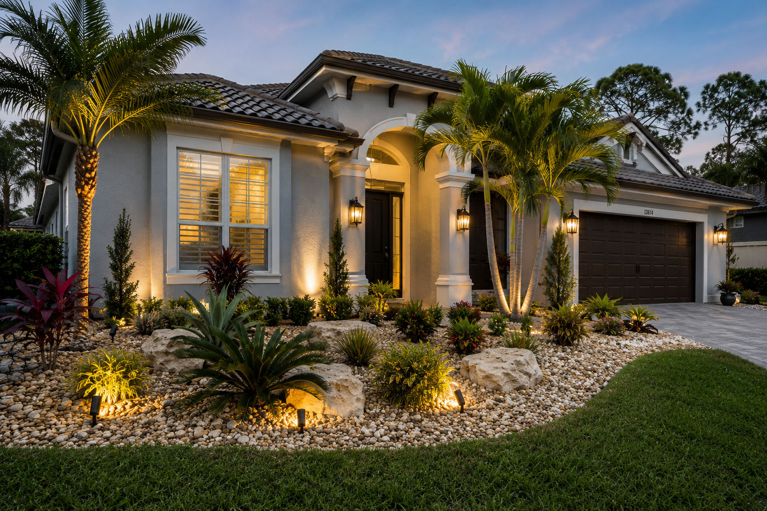 Arched front entry framed by tall uplit palms at dusk