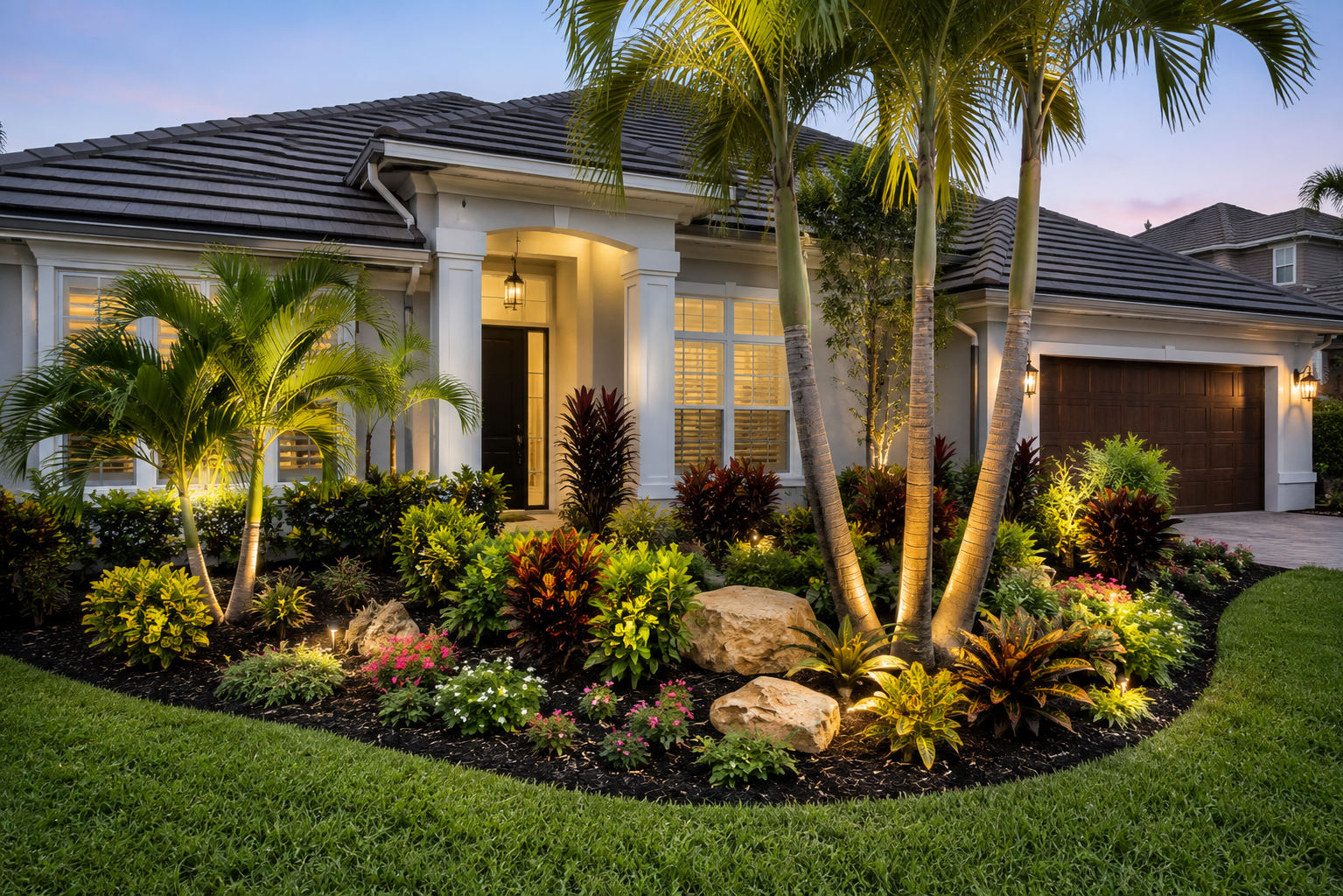 Full front-yard landscape lighting install at dusk with boulder accents