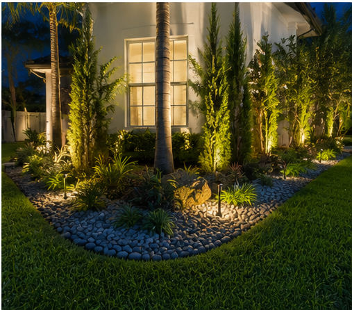 Row of uplit columnar shrubs and trees along a home's facade