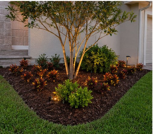 Uplit tree bed with red and green foliage plantings
