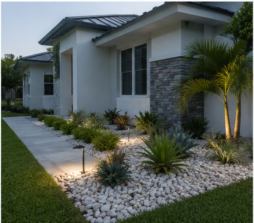 Paver walkway beside a white river-rock bed with agave plantings