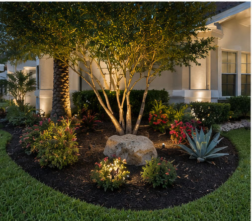 Uplit tree with boulder accent beside a lit driveway and garage