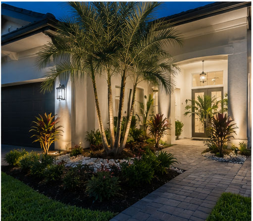 Cluster of uplit palms beside an entry walkway at dusk
